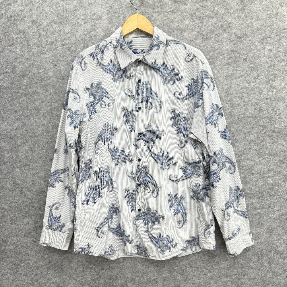 Tasso Elba Men's Dress Shirt, Button-Up, 100% Cotton, Blue Floral, XL, 17-17.5